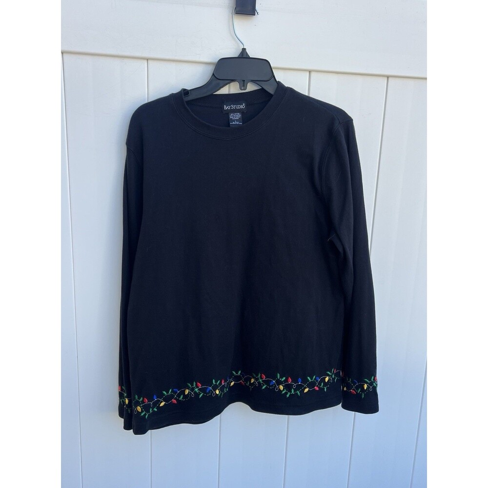 Bay Studio Women's Embroidered Christmas Vintage Long Sleeve Black Sz Large